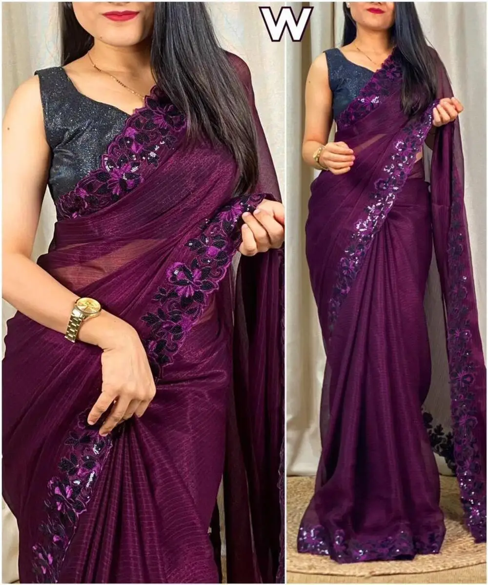 Gorgeous Sequence Work Georgette Embroidered Saree: Make a Statement with Embroidery Stone Work Hand Work Ruffle Sarees