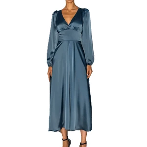 Manufacturer Lady High Waist V-neck Long Sleeve Clothing Women Elegant Casual Formal Stain Dresses