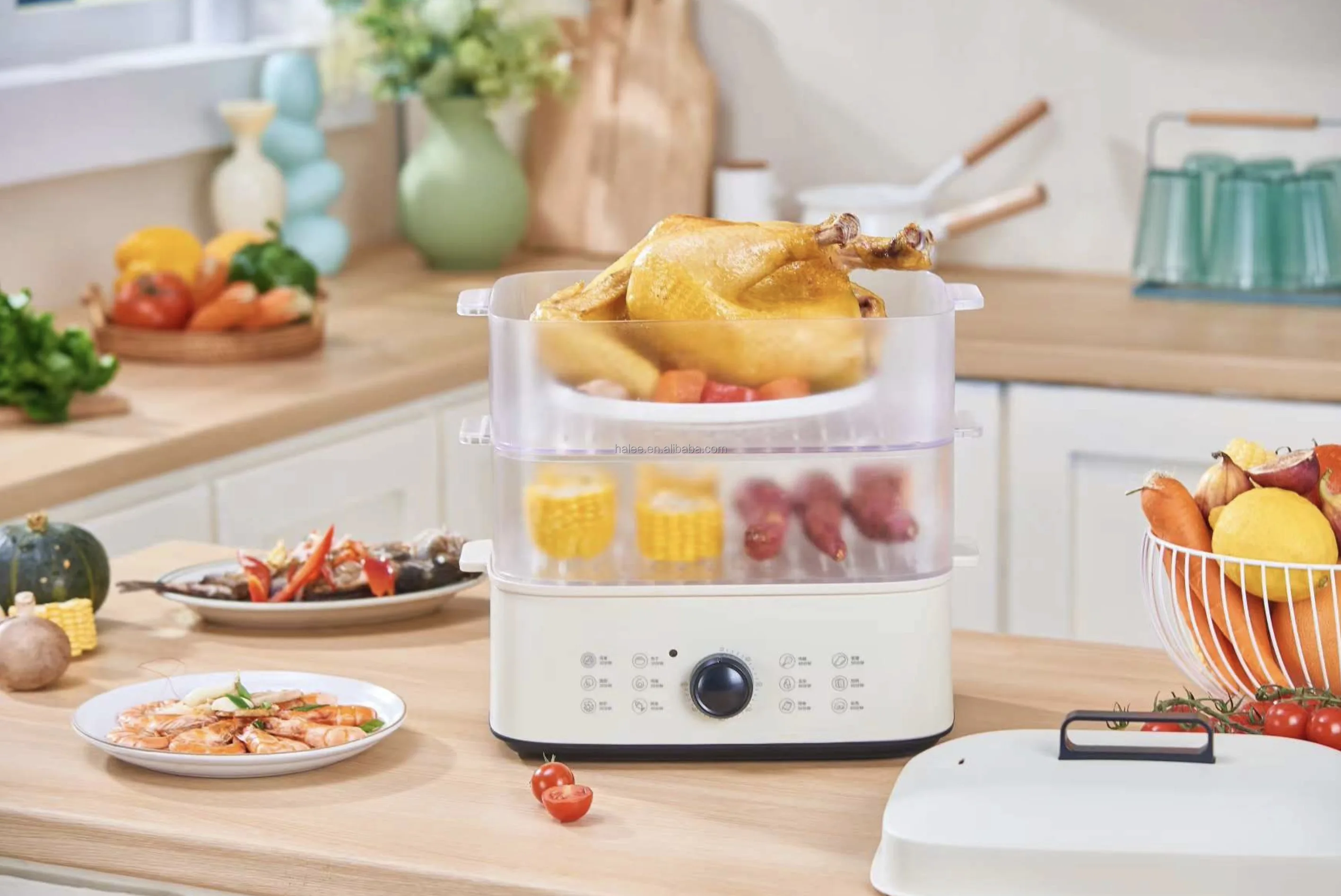 2023 New Electric Timer Control Cooker Vegetable 3 Layer Fast Steam Cooker Multifunction Food