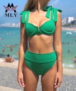 High Quality Solid Color Special Fabric Swimwear Beachwear Underwire High Waist Bikini Custom