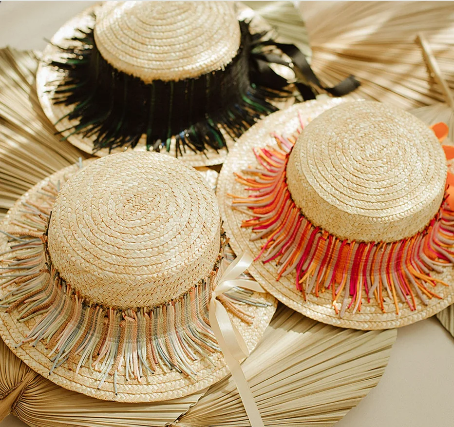 Water Hyacinth Hat With A Tassels Pattern And Ribbon Bow,Varied Color
