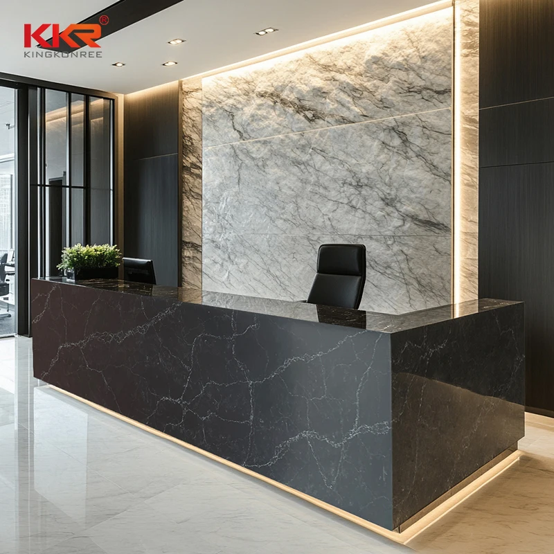 Office Custom Front Desk Hotel Supermarket Hospital Information Desk Marble Look Engineer Stone Silica Free Reception Desk