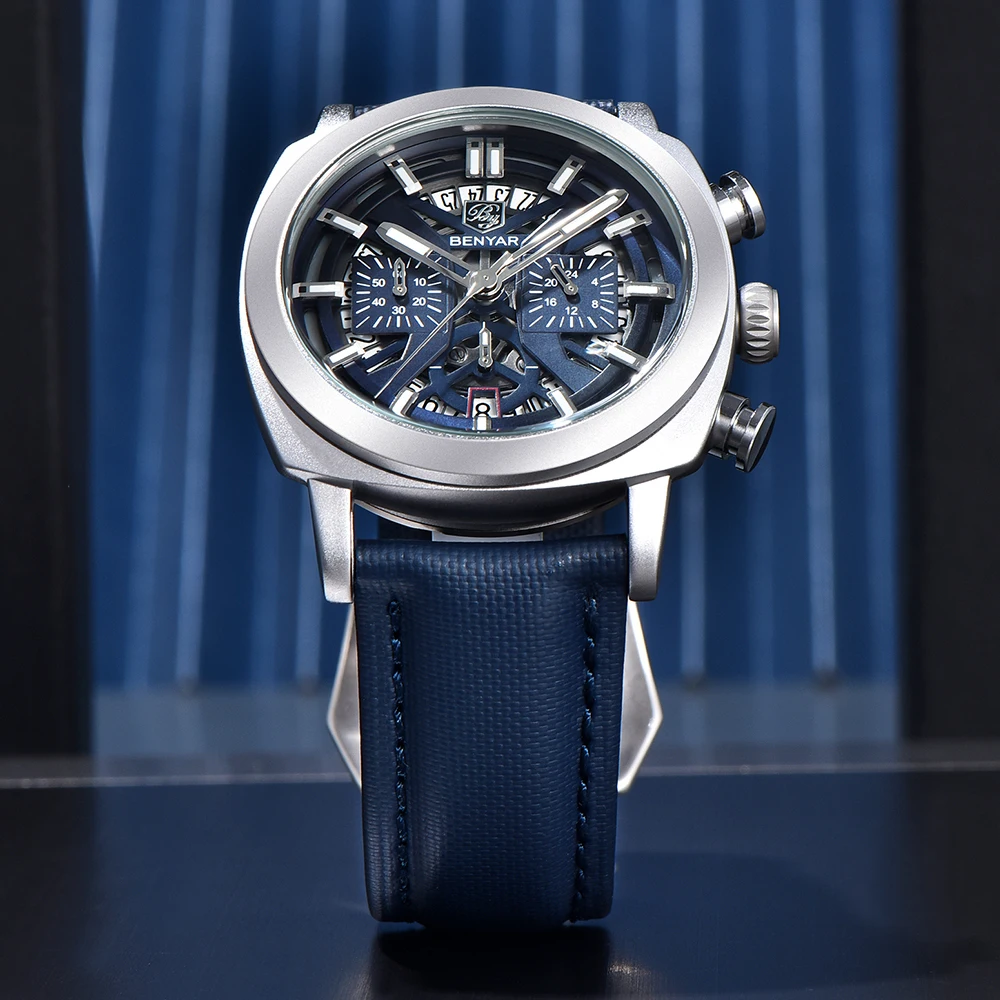 Benyar 5205 New Fashionable 43mm Luminous Dial Men's Quartz Wristwatch Chronograph 50m Waterproof Men's Watch Masculino
