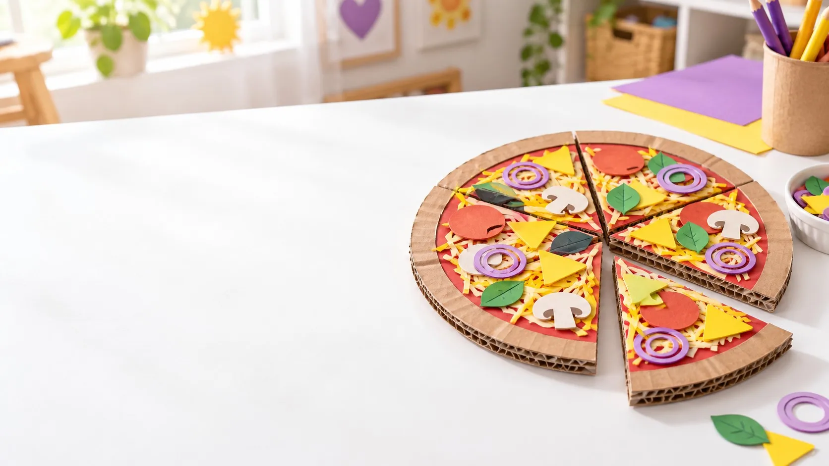 Cardboard pretend pizza with paper toppings