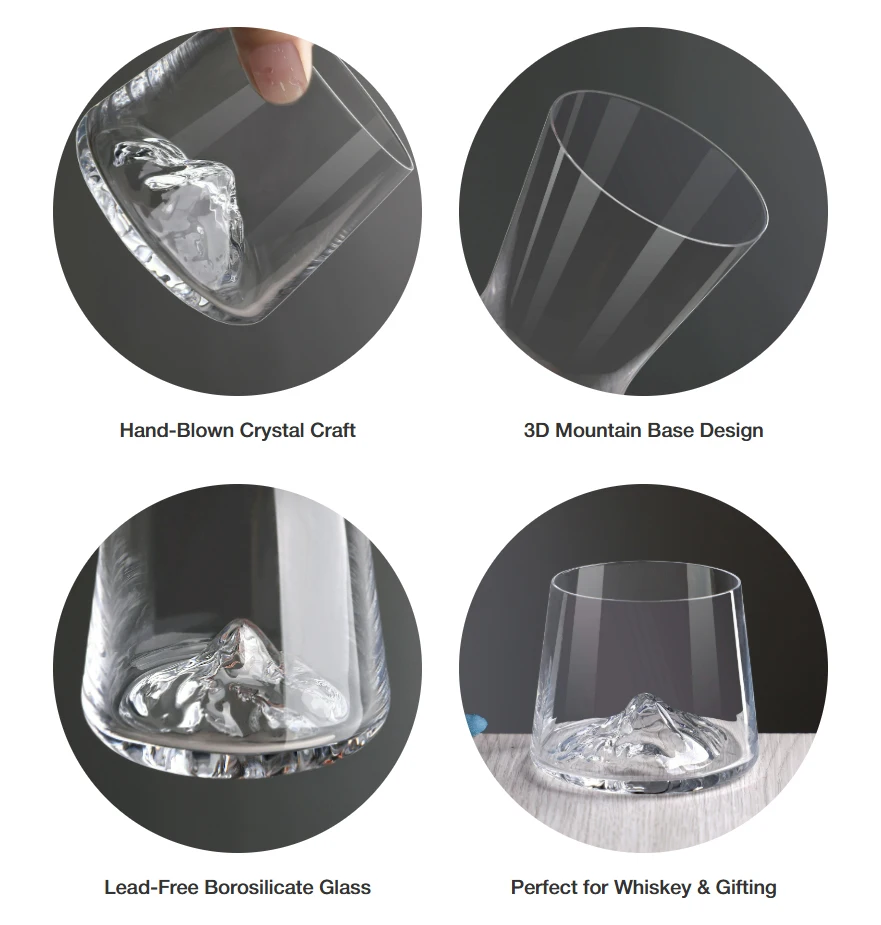 OEM ODM Custom Hand Blown Lead Free Crystal Borosilicate Glass Volcano Style Whiskey Rocks Glass with 3D Mountain Base
