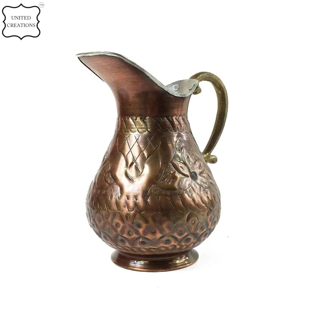 Antique Embossed Handcrafted Copper Water Pitcher for Restaurants Home Antique Copper Pitcher Water Metal Pitcher