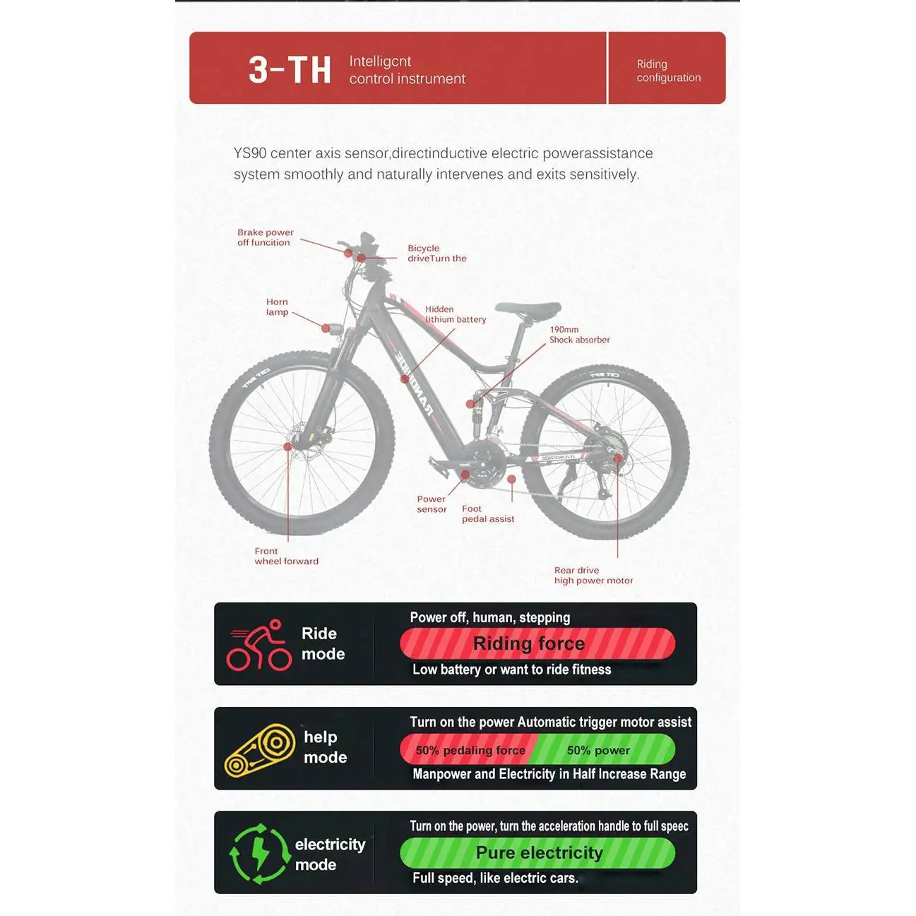RANDRIDE YS90 Electric Mountain Bike 13.6A Battery with 500W/1000W Motor Full Suspension Aluminum Alloy Frame Max Speed 50KM/h