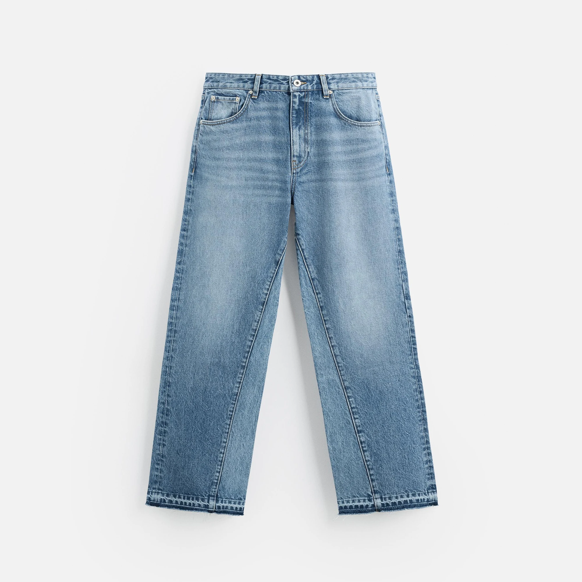 Men Flared Bell Bottom Jeans with Washed Effect Five Pockets Uneven Hem Zip Fly Top Button Fastening Made in Bangladesh