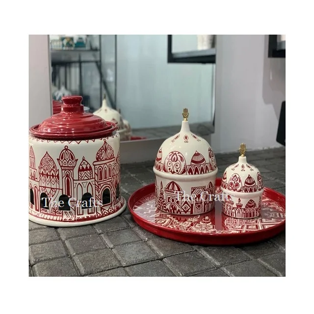 Islamic Design Metal Serving Dish for Ramadan and Eid Special Usage Hotelware Food Serving Dish With Moon Shape Knob