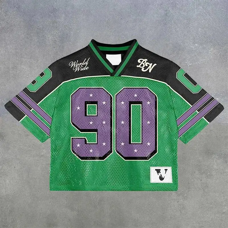 Custom Men's Gothic Streetwear Y2K Oversized Mesh T-shirt Football Jersey Style with Printed Design & V Neck