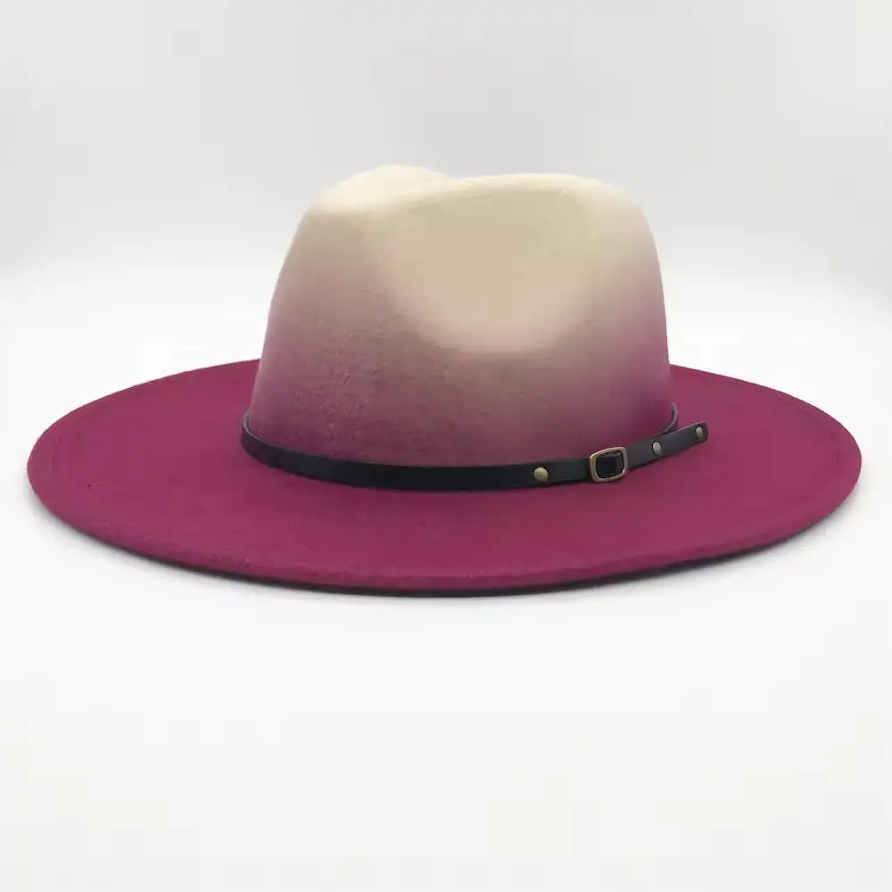 Men Women Wide Brim Wool Felt Panama Gradient Cowboy Cap Feather Jazz Hat Retro