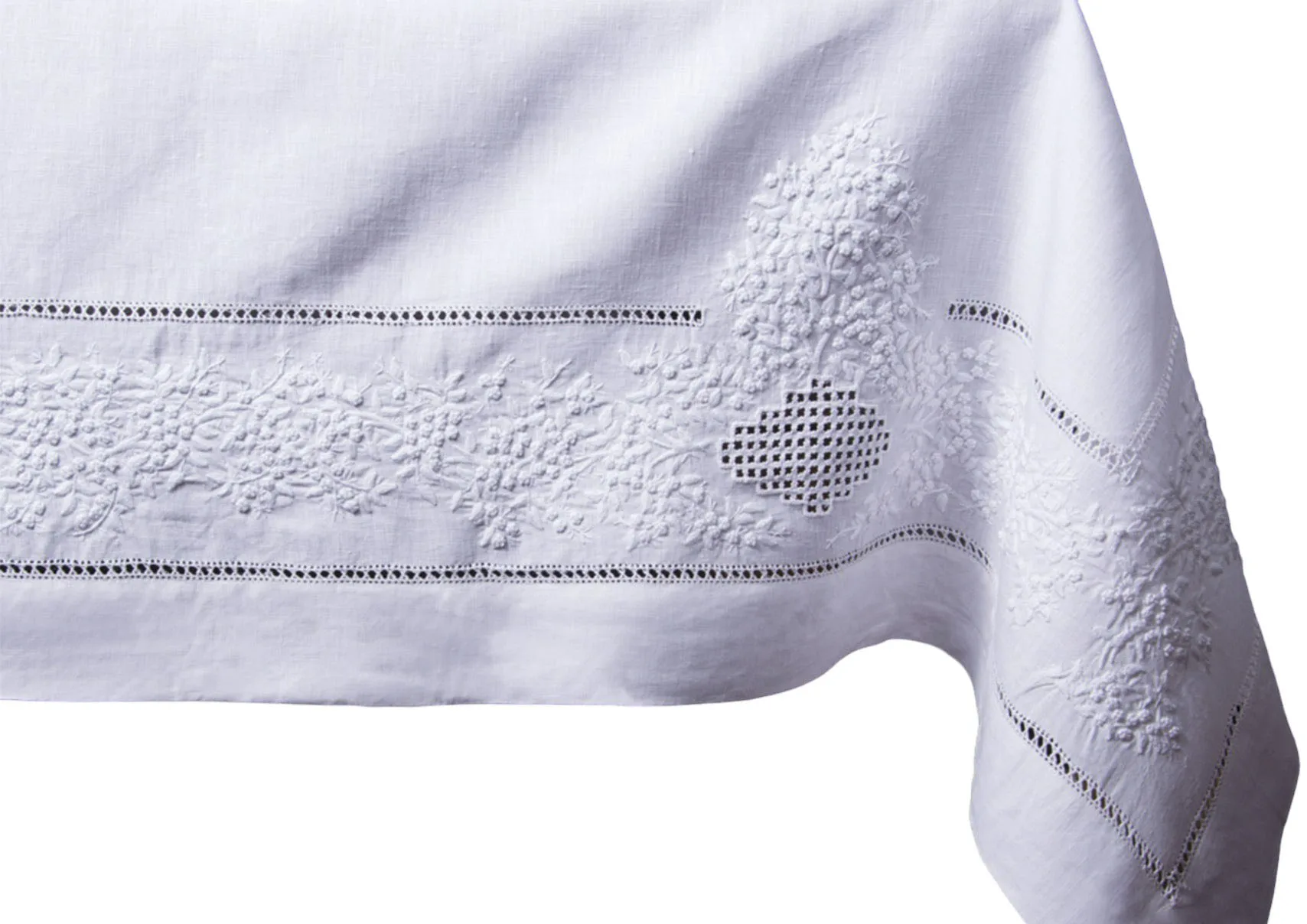 Customized Embroidery French Knot Flower Design Table Cloth White Linen Hemstitch by Hand Tablecloth Luxury Tablecloth