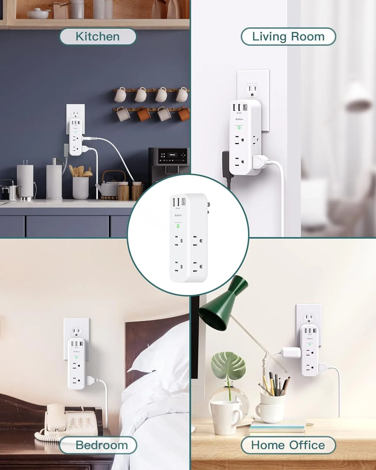 Outlet Extender with Rotating and Multi Plug with 6 AC 3 USB Ports (1 USB C), 3-Sided Power Strip with Wall Adapter Charger for
