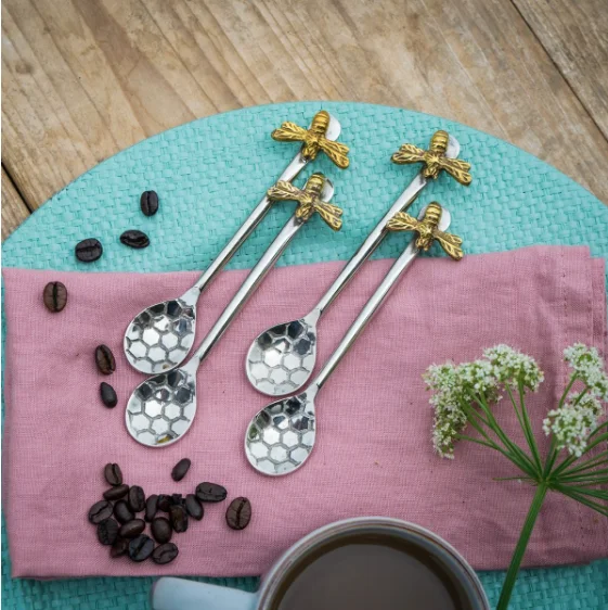 New Arrival Customised Four-Delight Gold Bee Hive Spoons Inspired by Honeycomb Design Tea Coffee Kitchen Accessories Made Metal