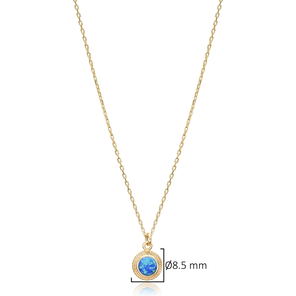 Blue Opal Round Tiny Charm Necklace Pendant CZ Stone 925 Sterling