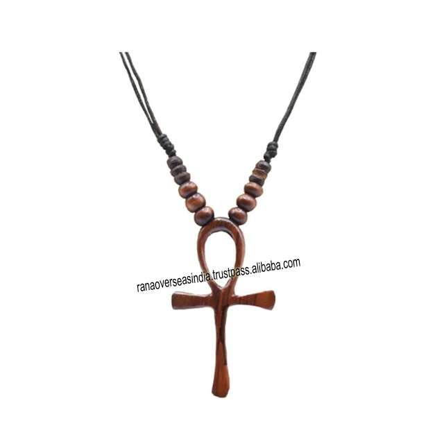 Factory Direct Sale Wooden Egyptian Ankh Cross Pendant Necklace