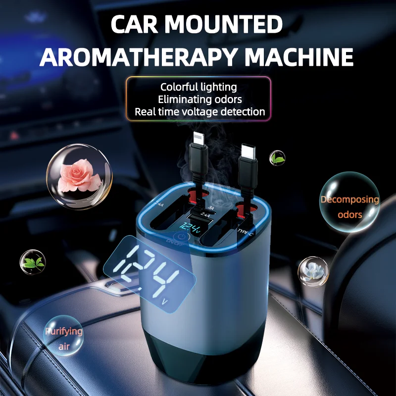 Retractable Car Charger Fast USB Car Phone 60W Double Type C Cables and 2 USB Ports Adapter