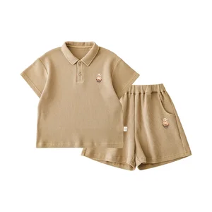 YOEHYAUL N3407 Boy's Waffle Cotton Short-sleeved Cartoon Bear Printed Casual Set Kids Summer T-shirt Shorts Set for Boys