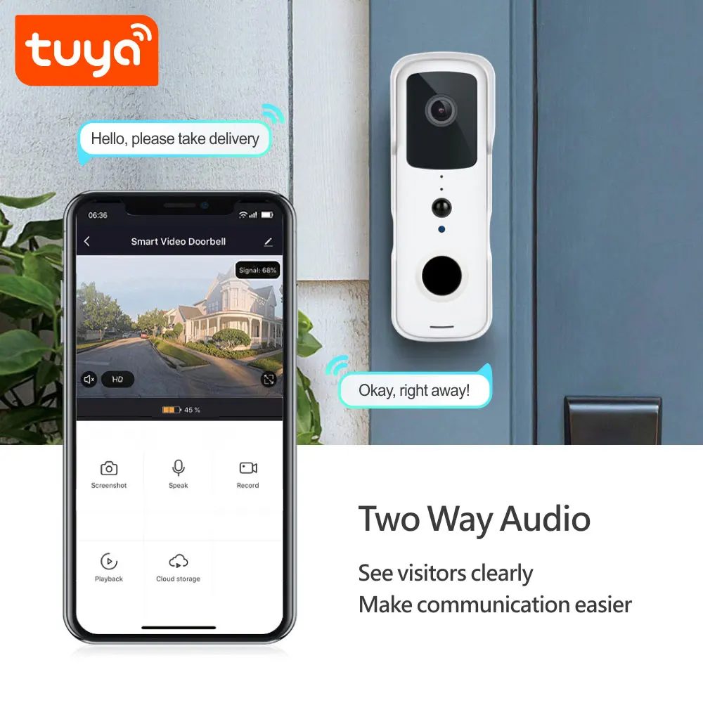 Good Quality Wireless Ring HD Camera Doorbell Tuya Smart WiFi Video Door Bell For Smart Home PST-T30 Factory 2.4GHz Frequency