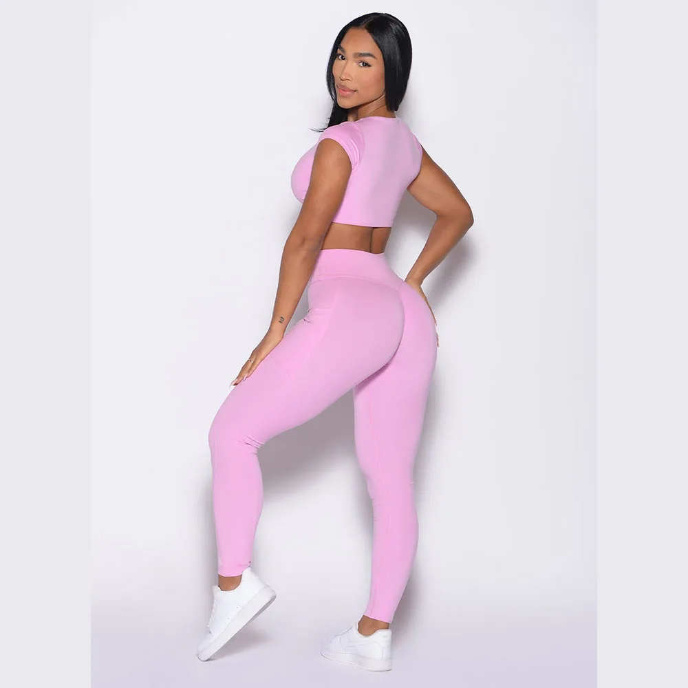 Latest Custom Pink Elastic Waist Define Leggings High Waist Active Wear Leggings Quick Dry And Breathable Gym Leggings For Women