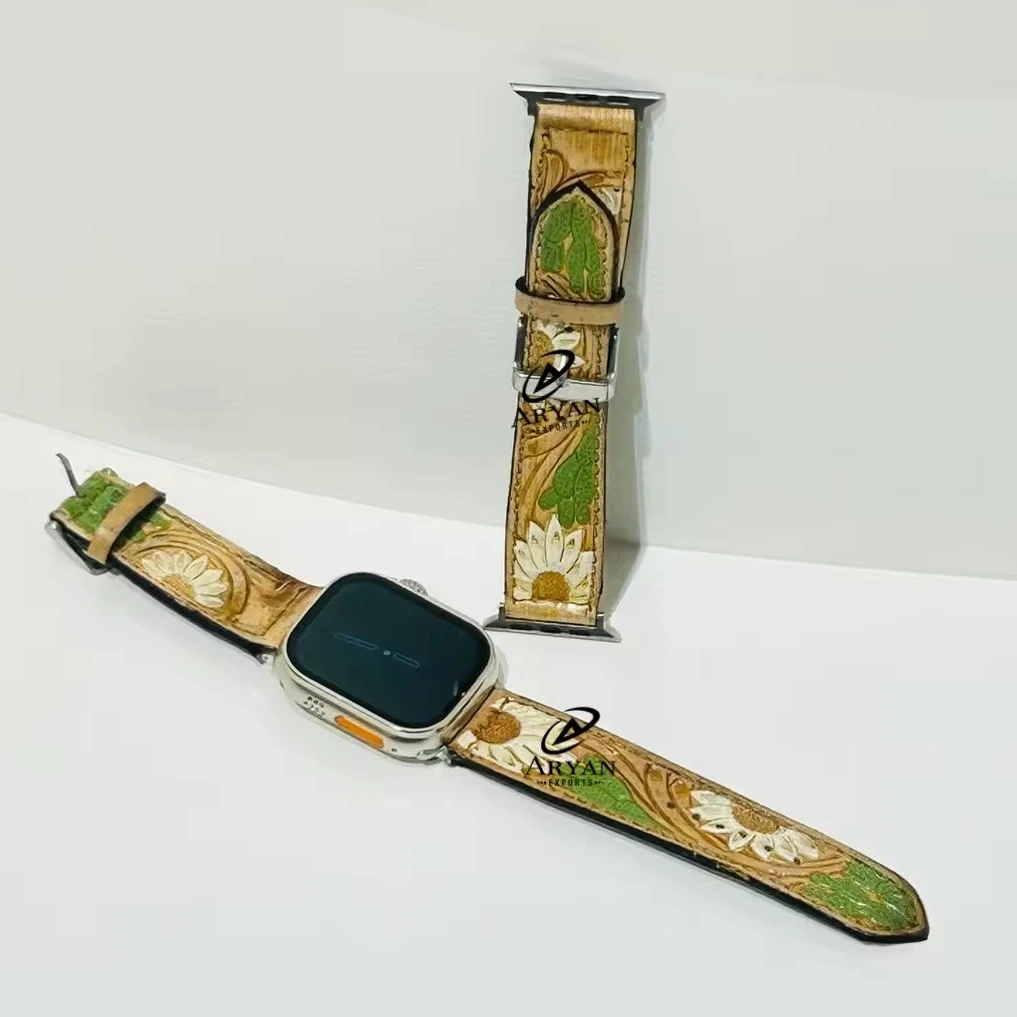 Stylish Handmade Carved Leather Watch Strap Real Hand Tooled Customized ...