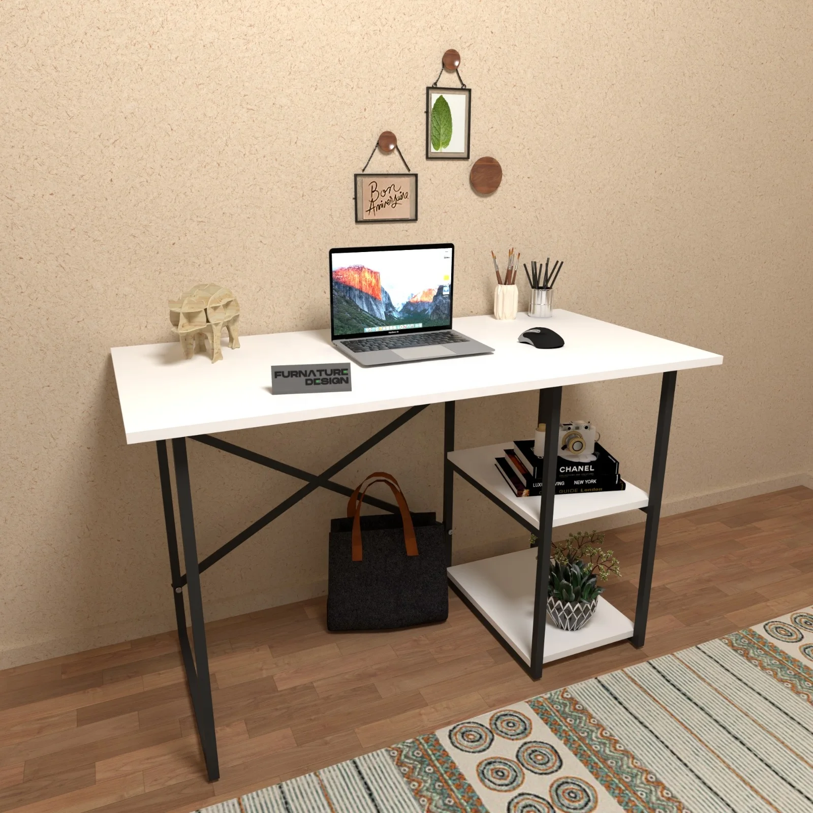 Furnaturedesign White Study Laptop Desk 2 Shelves Home Office Easy
