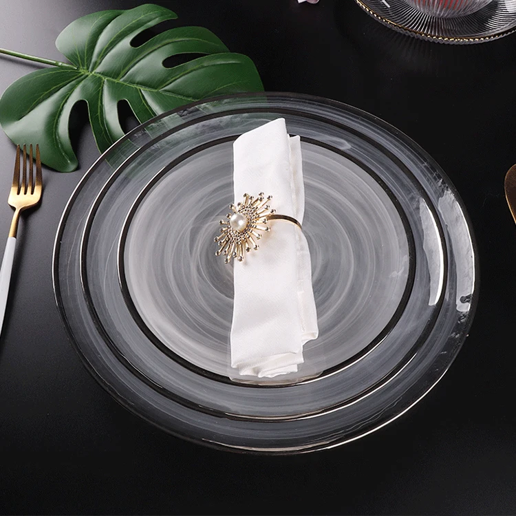 New Arrival Dinnerware Wedding Banquet Glass Decoration Plates Smokey Clear Gold Rimmed Charger Plates