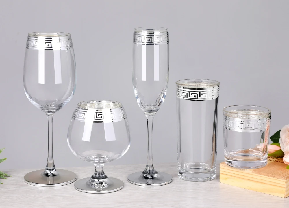 Luxury Silver Band Rim Greek Key Design Champagne Flute Brandy Highball Whiskey Wine Glass Drinkware Set Home Bar Barware