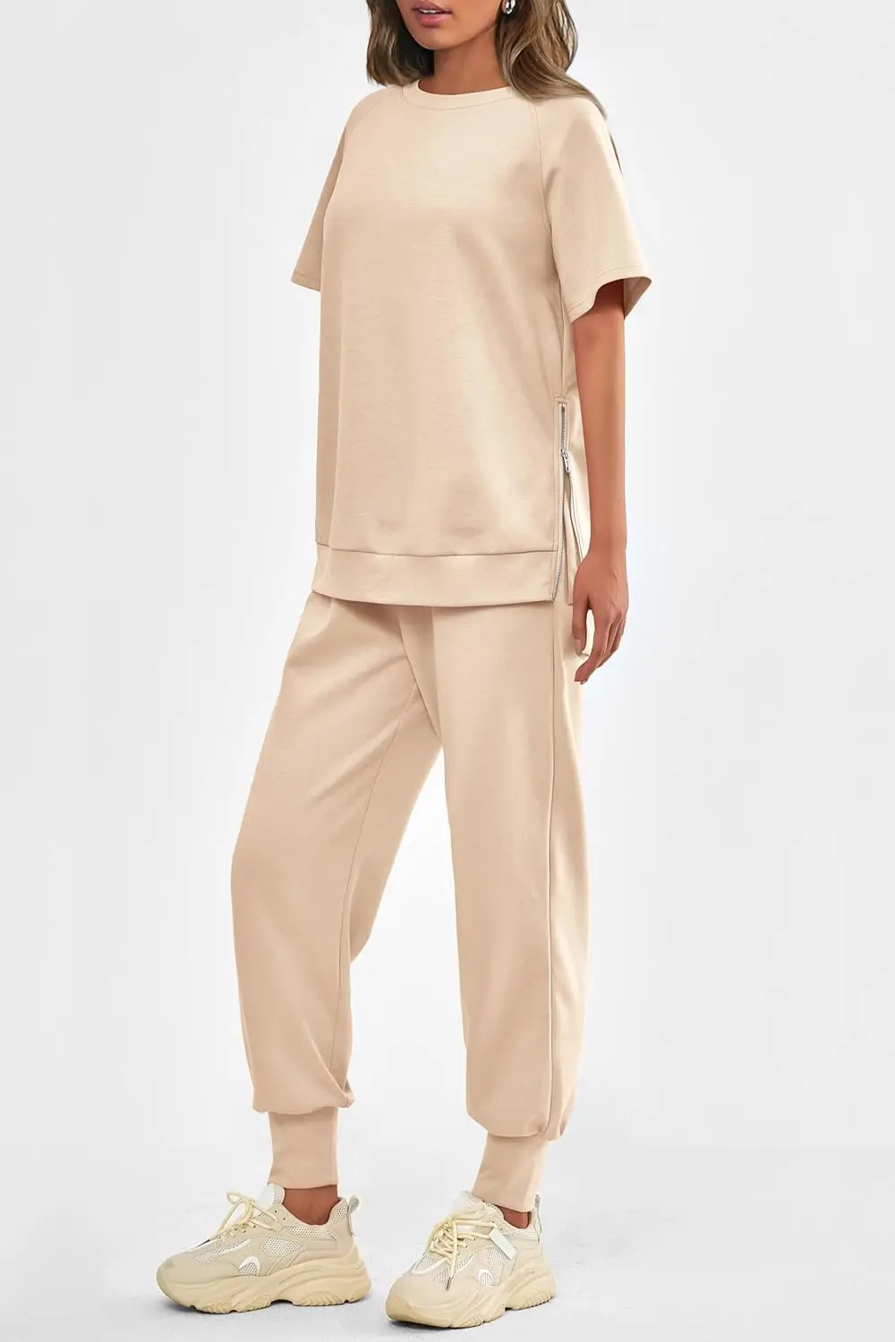 Beige Women's Summer Piece Outfit Tracksuits Casual Short Sleeve