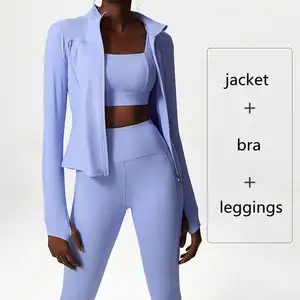 Wholesale Custom 3 Piece Long Sleeve Jacket Bra and Leggings Fitness Yoga Set Women Sportswear