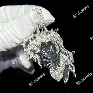 Custom Iced Jesus Crown Christian Pendant Rhodium Plated Moissanite Claw Setting 925 Silver Religious Hip Hop Necklace Men