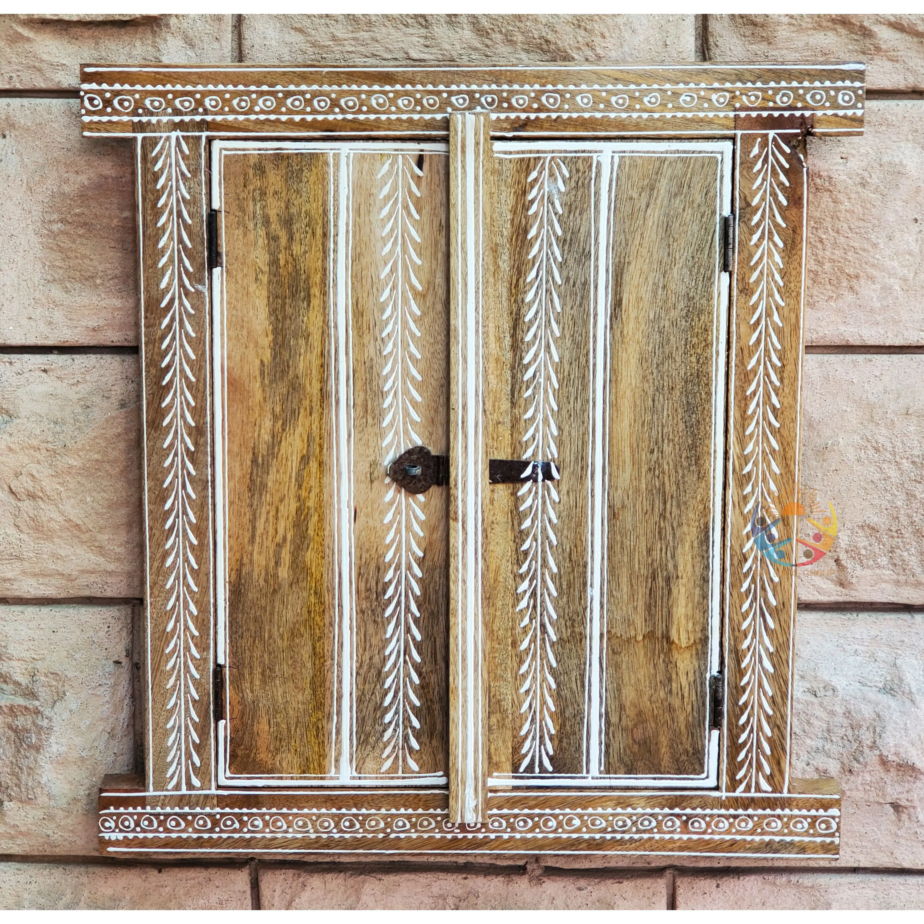 Fenêtre Murale En Bois Style Jharokha Indien - Dimensions ~45,7x69,8 Cm, Couleur Bleue, Gravée