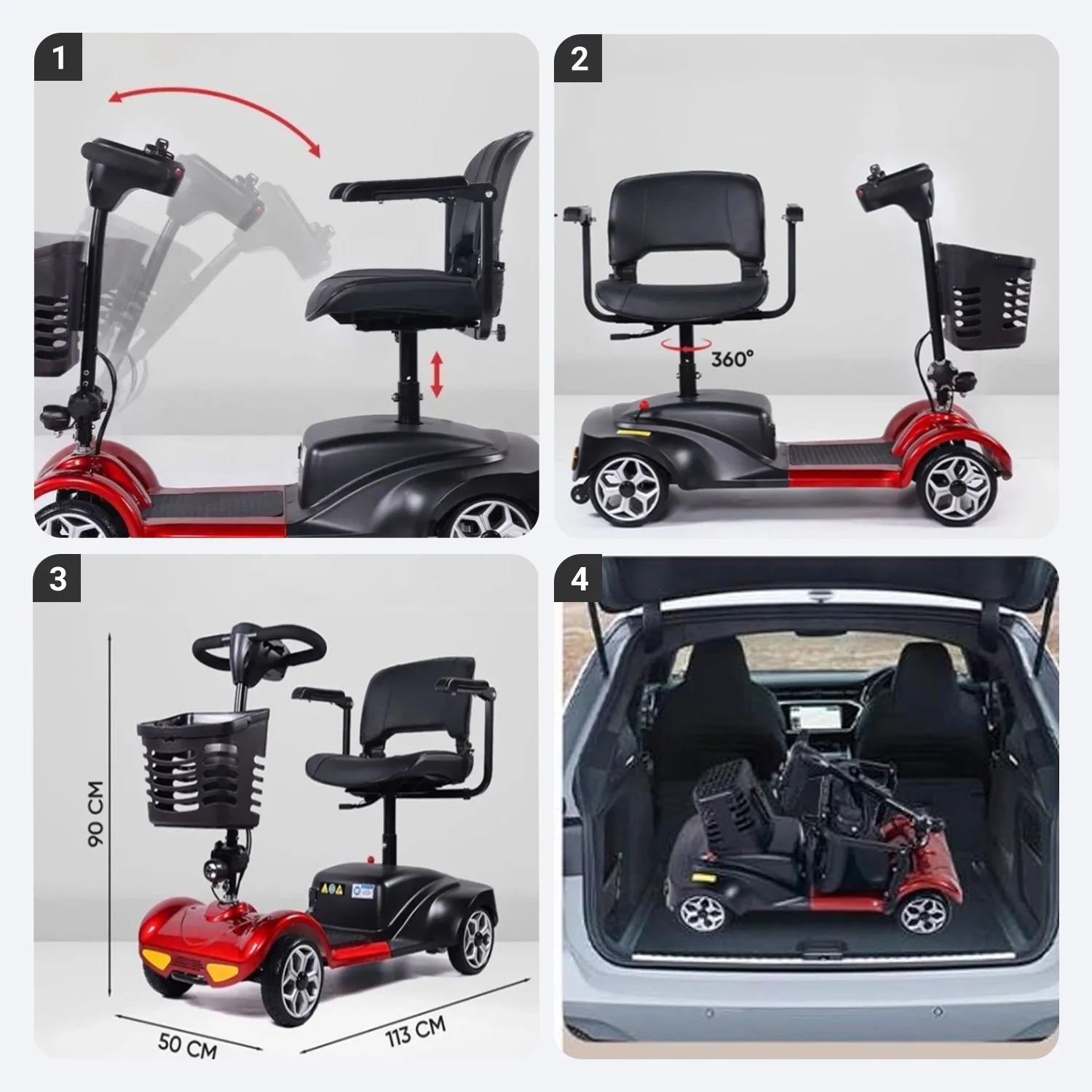 product lightweight 4 wheel electric mobility scooter for elderly adults 180kg capacity 24v 12a foldable lead acid battery handicapped-5