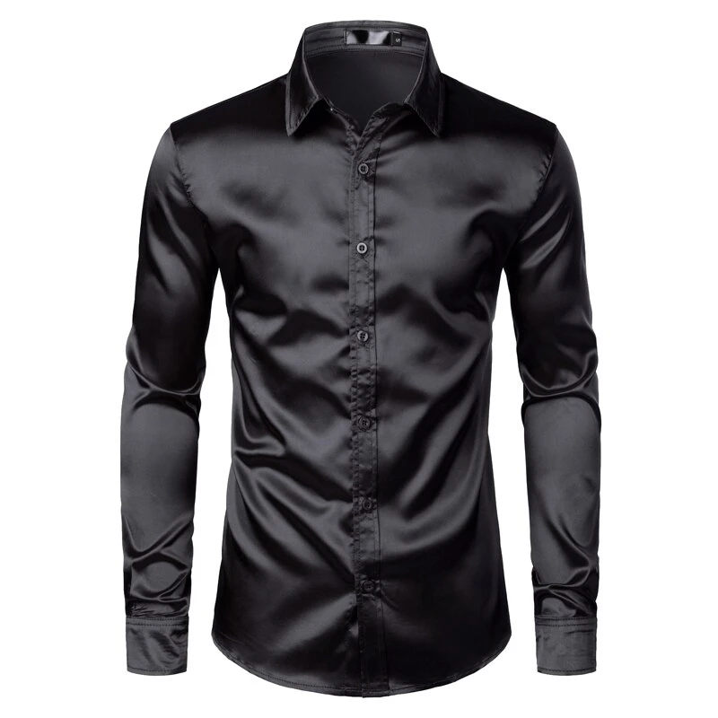 Plus Size Sxxl Men Shirt Silk Satin Smooth Men Solid Tuxedo Business