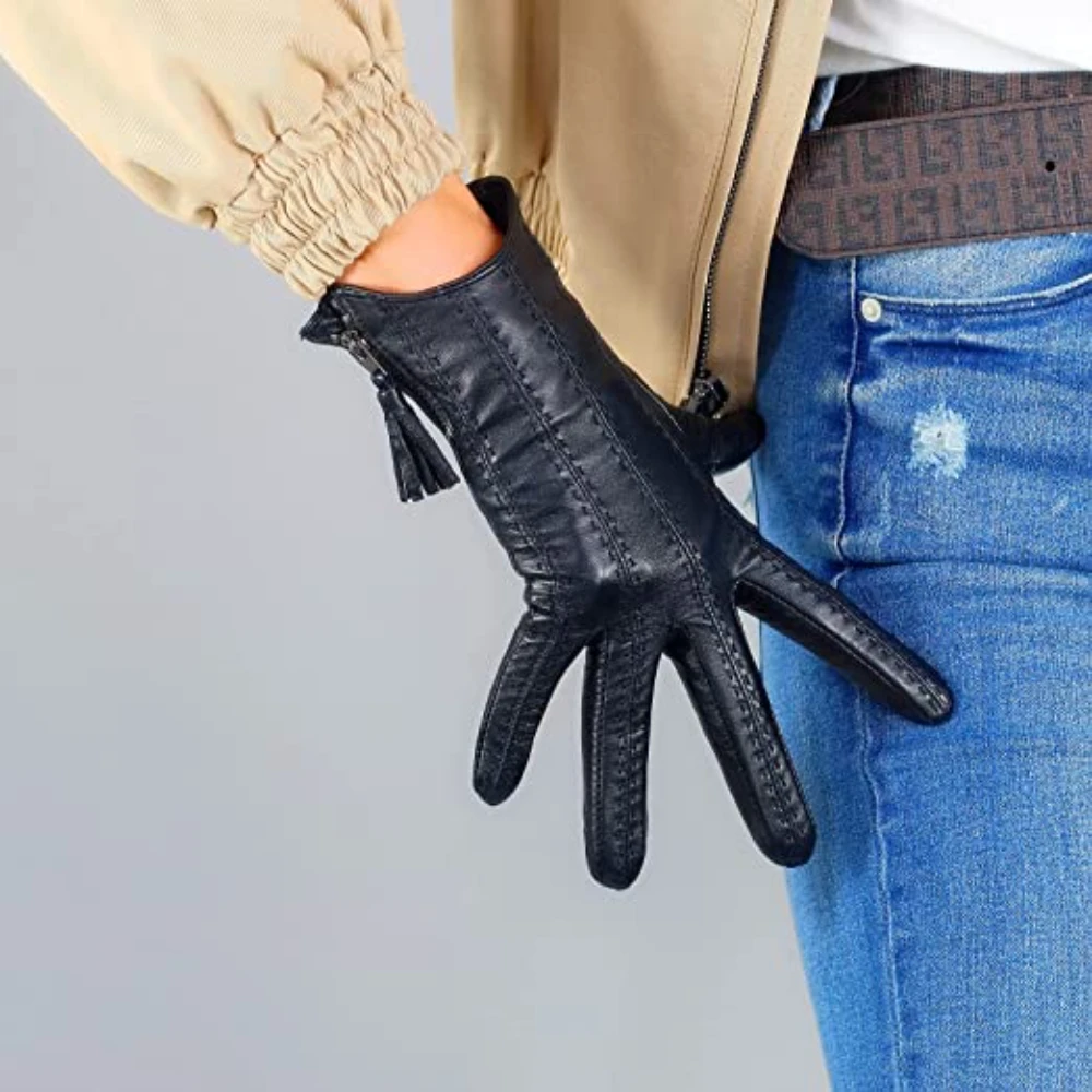 Женские короткие перчатки для вождения из натуральной кожи, импортные зимние теплые перчатки из козьей кожи с кисточками и молнией для сенсорного экрана