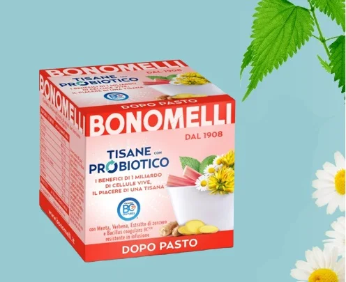 Top Quality Italian Herbal Tea with Probiotics Bonomelli 10 Sachets in a Tea Box for Good Digestion and Intestinal Flora Balance