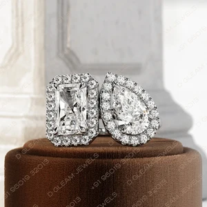 2.5 Carat E VVS2 Lab Grown Radiant Pear Cut Diamond Two-Tone Toi Et Moi Halo Ring for Wedding & Anniversary IGI Certified