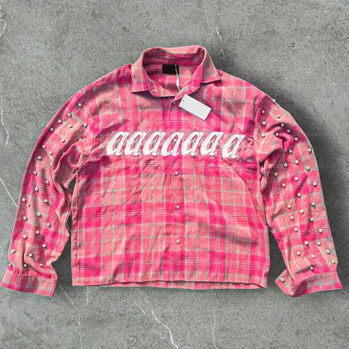 Salati Manufacturer Custom Streetwear Boxy Button up Embroidery Rhinestone Plaid Check Flannel Boxy Cropped Long Sleeve Shirts gallery 2