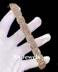Luxury Baguette Cut Moissanite Diamond Rhodium Plated Iced Out 925 Sterling Silver Custom Tennis Bracelet for Men Women Gift