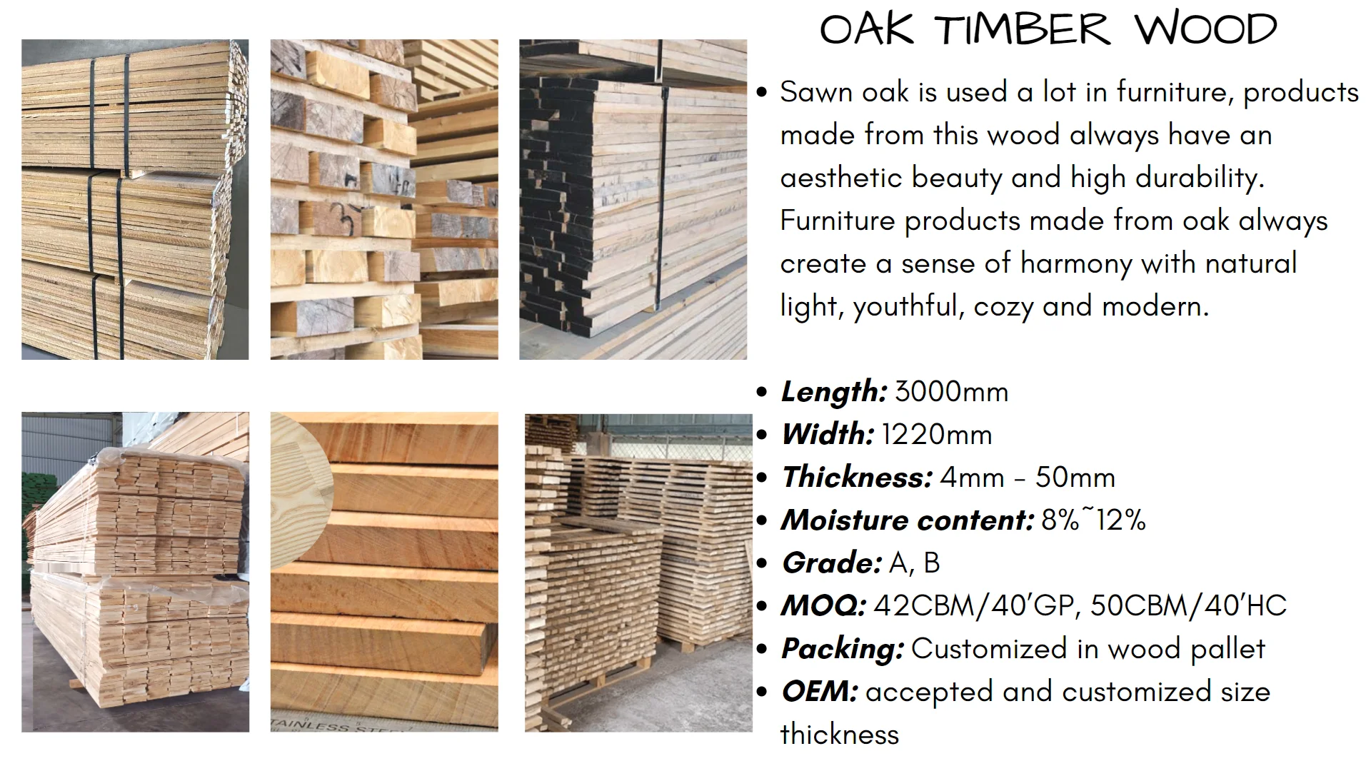 Wholesaler Oem Customized Dimension White Oak / Oak Timber Wood For
