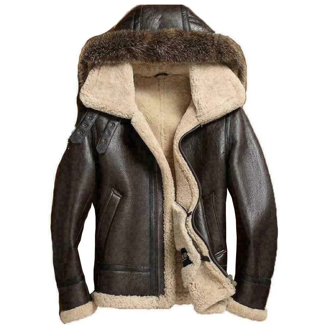 Men Genuine Leather Bomber Down Jacket with Fox Fur Collar