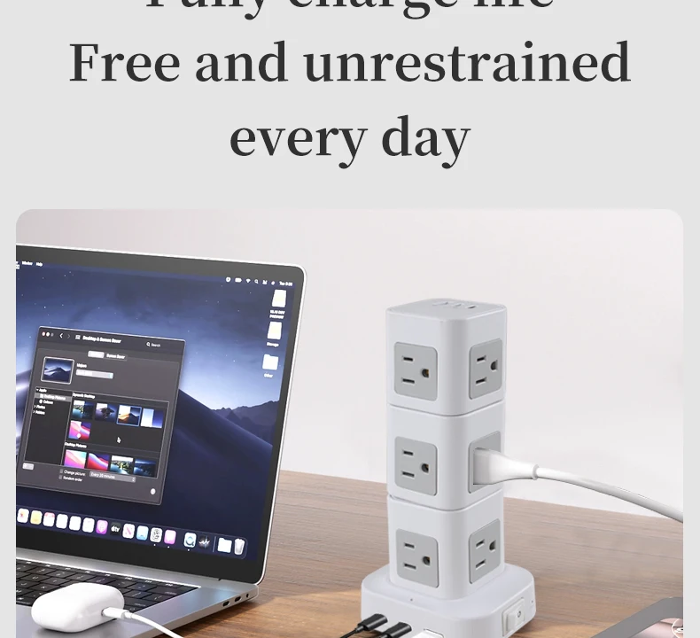 5FT Extension Cord 12 AC Outlets 6 USB Ports Stackable Tower Surge ...