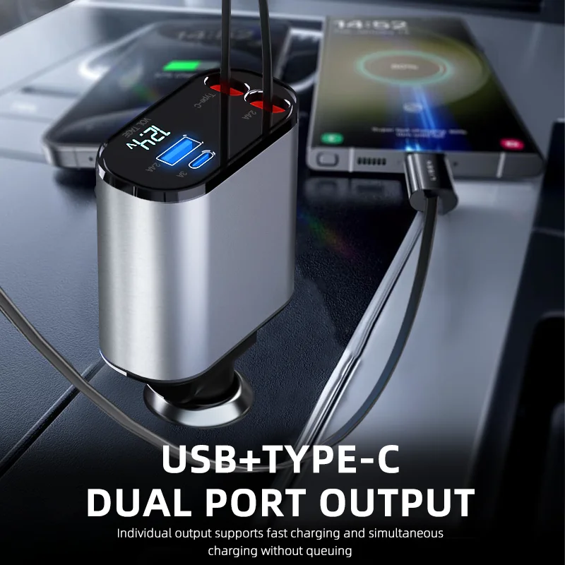 Retractable Car Charger USB Type C Cable Fast Charge Cord Cigarette Lighter Adapter 4 in 1 for Iphone Samsung Phone Charger 60w