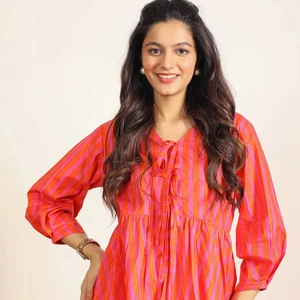 Orange And Pink Textile Print New Age Stripe Cotton Smart Stripes Work Wear Tunic V-neck Tops Pure Cotton Textile Print OEM