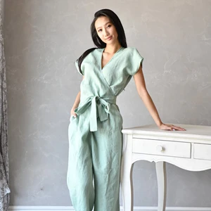 Summer Loose Overalls Rompers Best Quality Women's Linen Mid-belt Long Jumpsuit Summer Fashion Women's Solid Color Linen Cotton