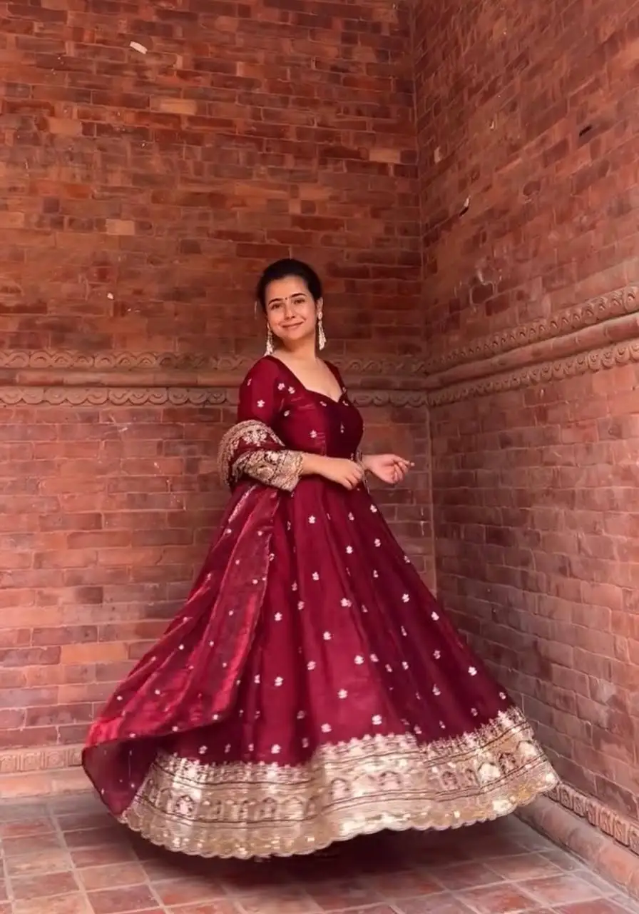 long sleeve ankle length white dress Red Chinon Anarkali Suit With Cutdana And Sequins Embroidery main image 1