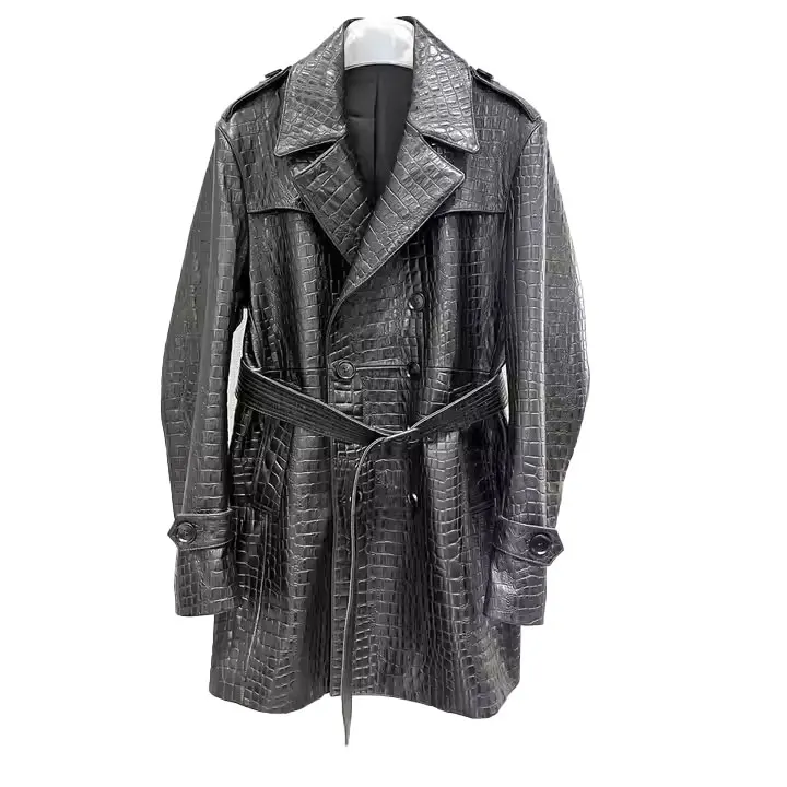 Hot Sale Wholesale High Quality Genuine Sheep Skin Waterproof Vintage Winter Trench Leather Jacket Coat For Men Black Front