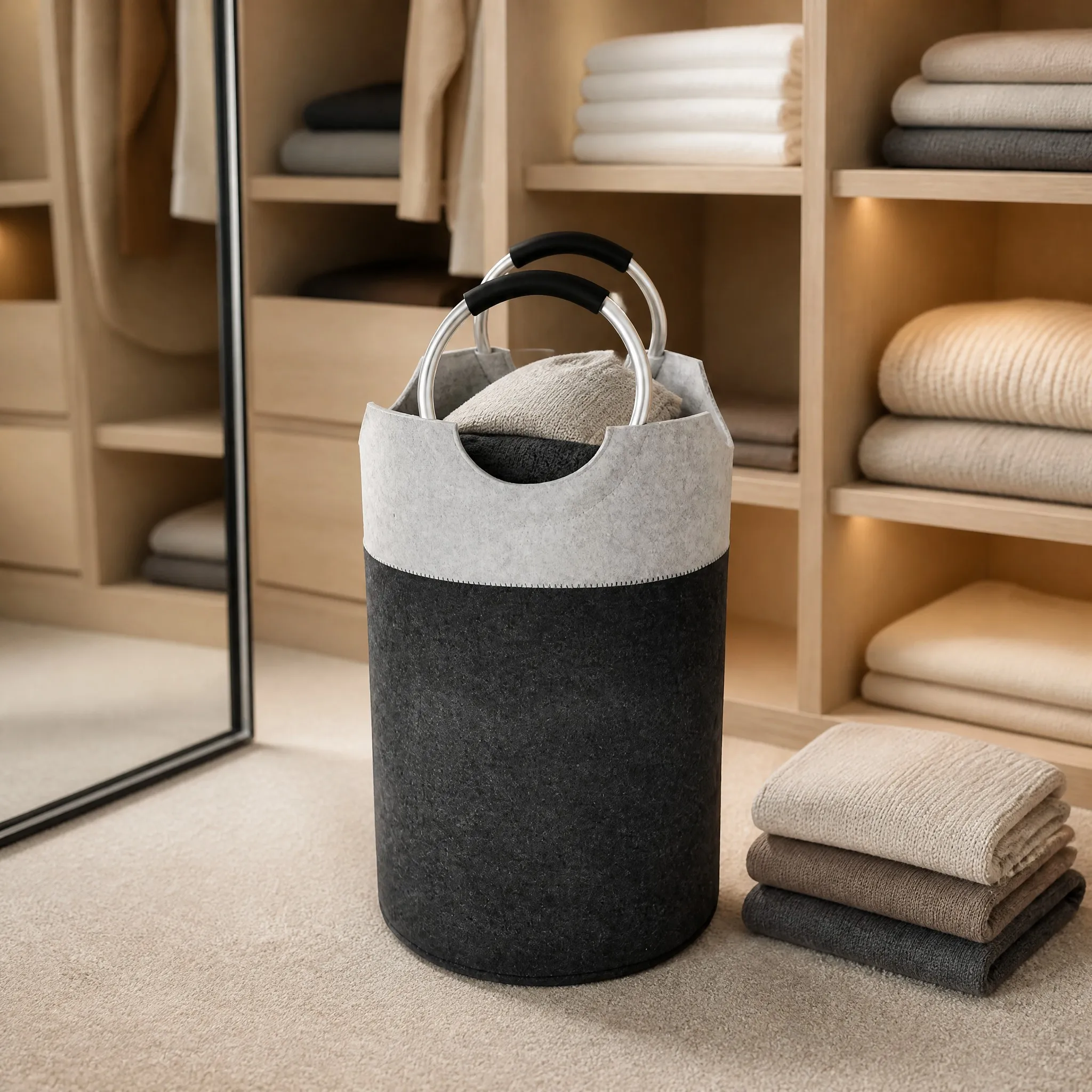 Closet laundry storage - felt clothes basket inside a wardrobe
