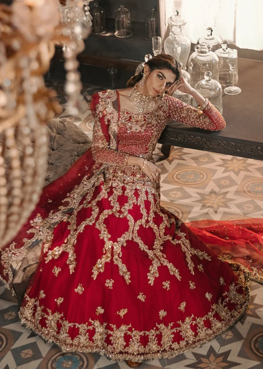 French-Inspired Red Bridal Set Fine Crafted Pakistani Choli Lehnga & Dupatta with Indian Motifs