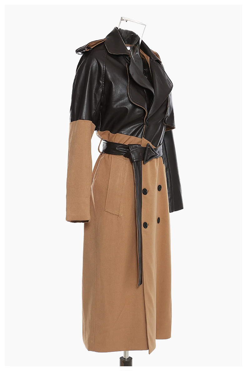 Faux-leather Collar Long Overcoat Wool Trench Coat Winter Woman Ladies Wool Leather Trench Coat - Image 3